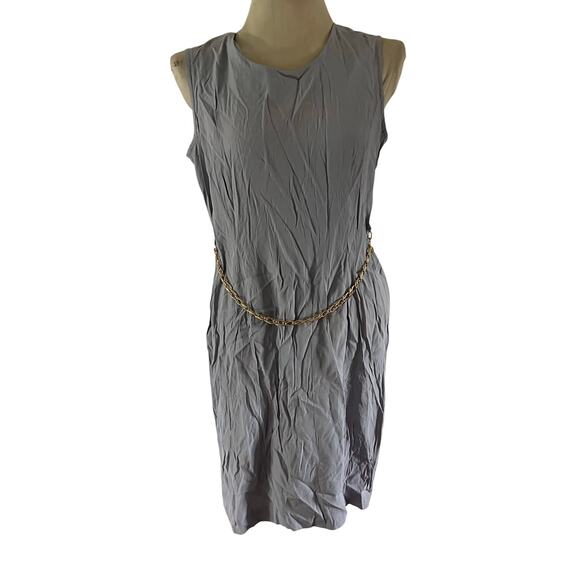 Vintage Gray Sheath Dress w Gold Chain Belt Sz 12 Office Mod Madmen Retro - Picture 1 of 9